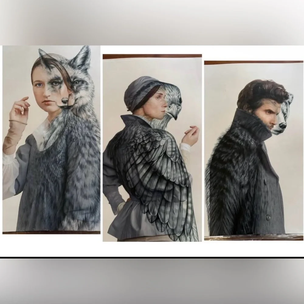 Rare Unique Modern Art Prints - Set of 3 - Women and Man - Fox - Bird - Bear - Picture 1 of 9